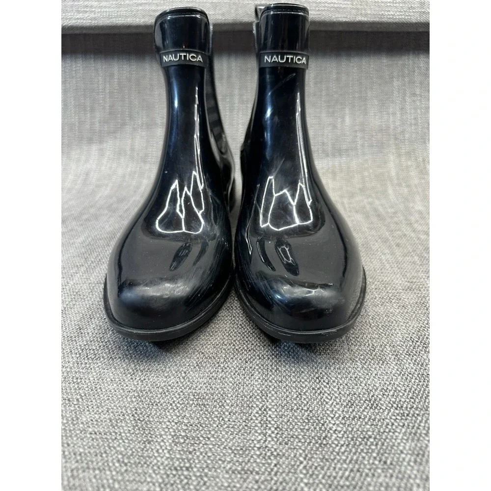 Nautica‎ Cliff Port Womens US 9 Rain Boot Black Rubber Ankle Pull On Cuban Heel